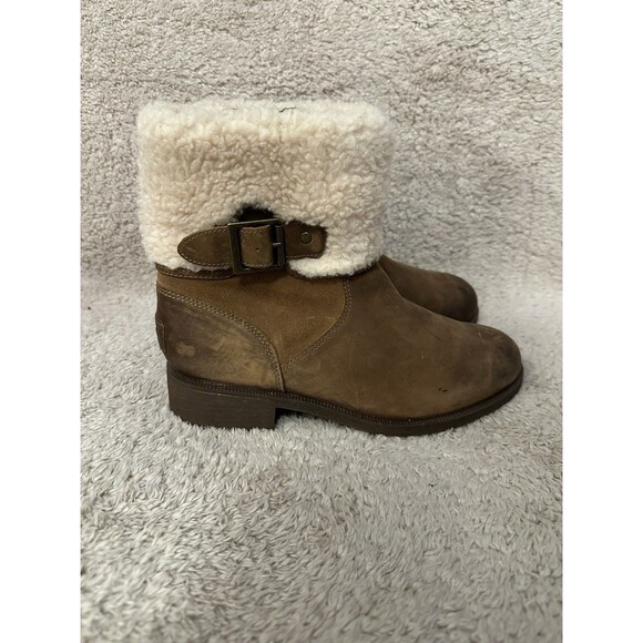 UGG Chestnut Sheepskin Shearling Cuff Suede Leather Boots Shoes Women’s Size 8 - Picture 1 of 11